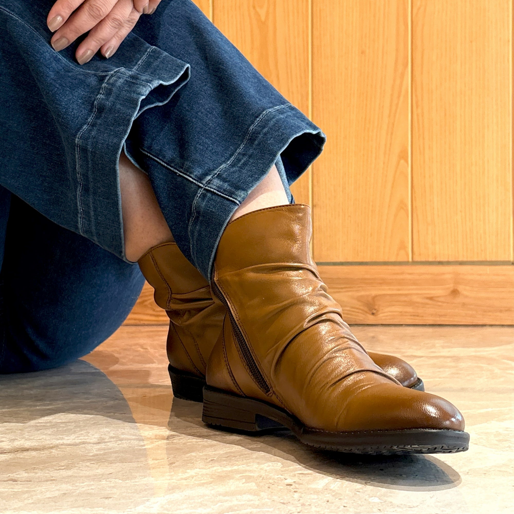 Colette Gathered Tan Ankle Boot