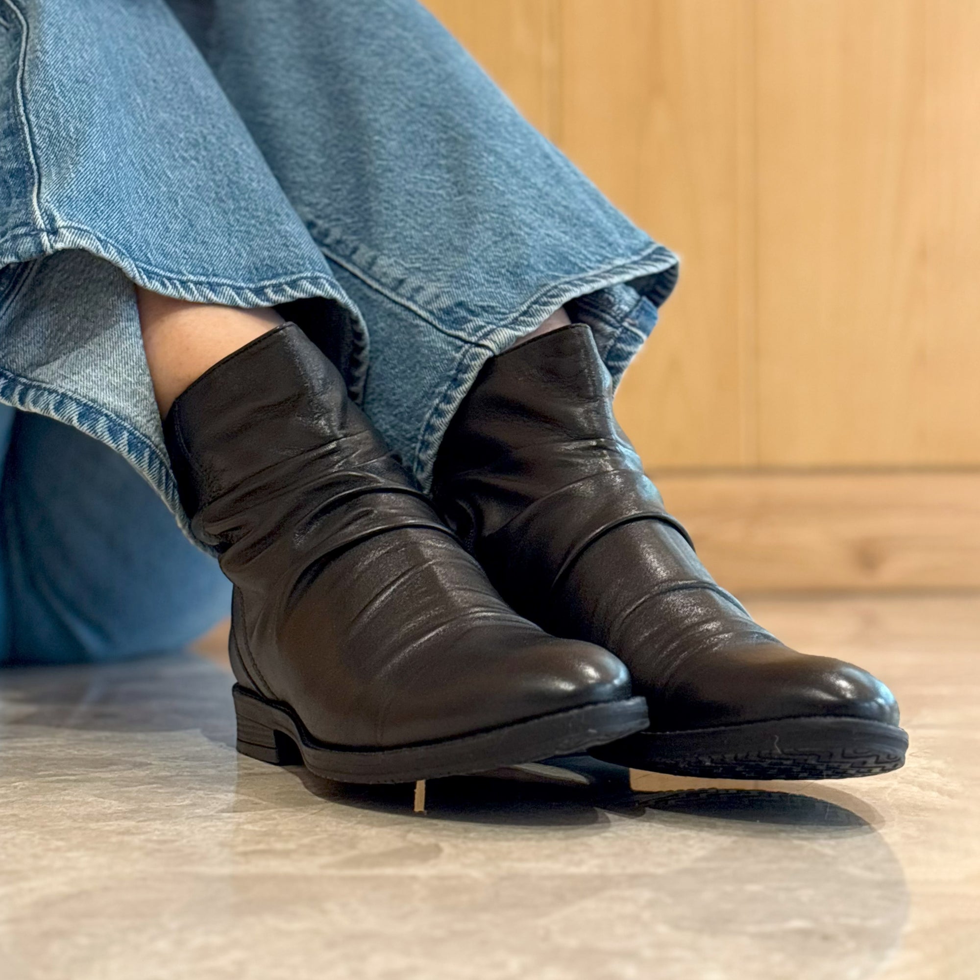 Colette Gathered Black Ankle Boot