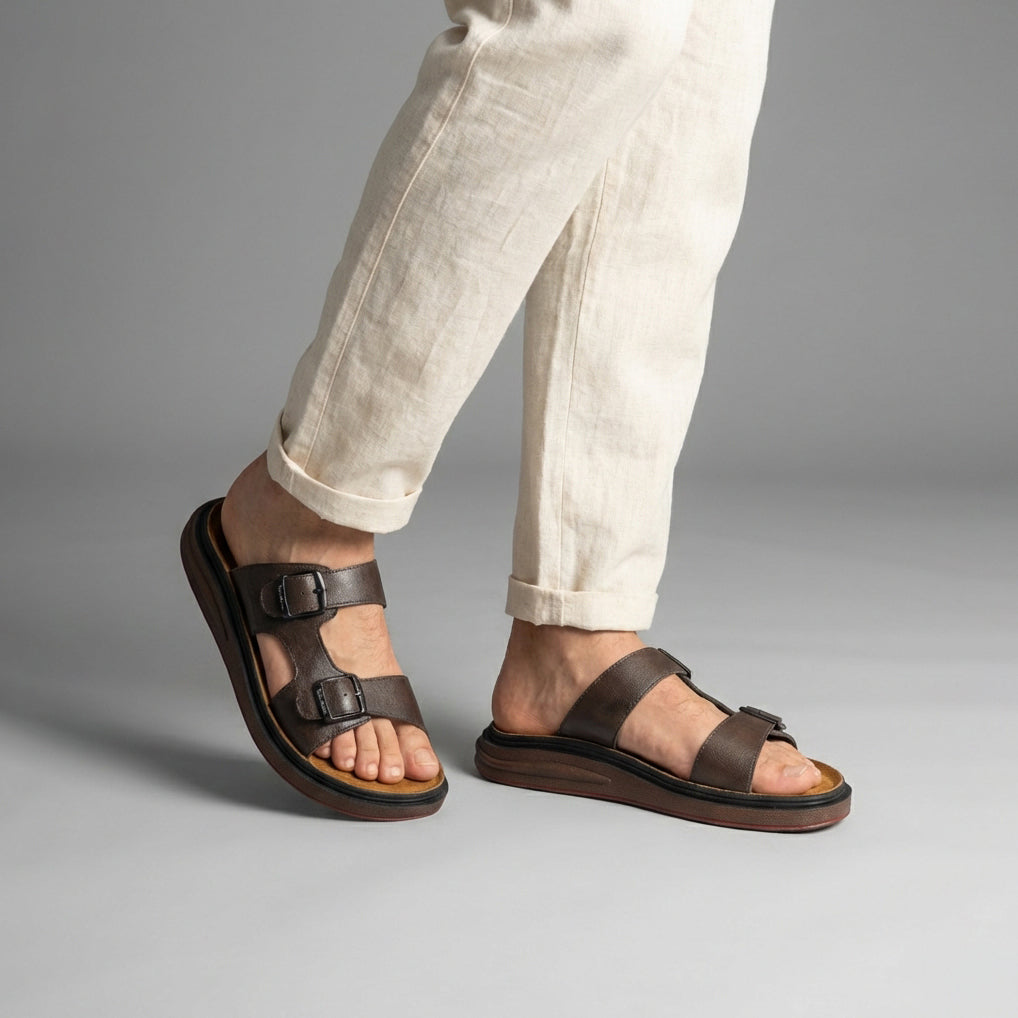 Azur: Brown Adjustable Dual-Strap Sandals