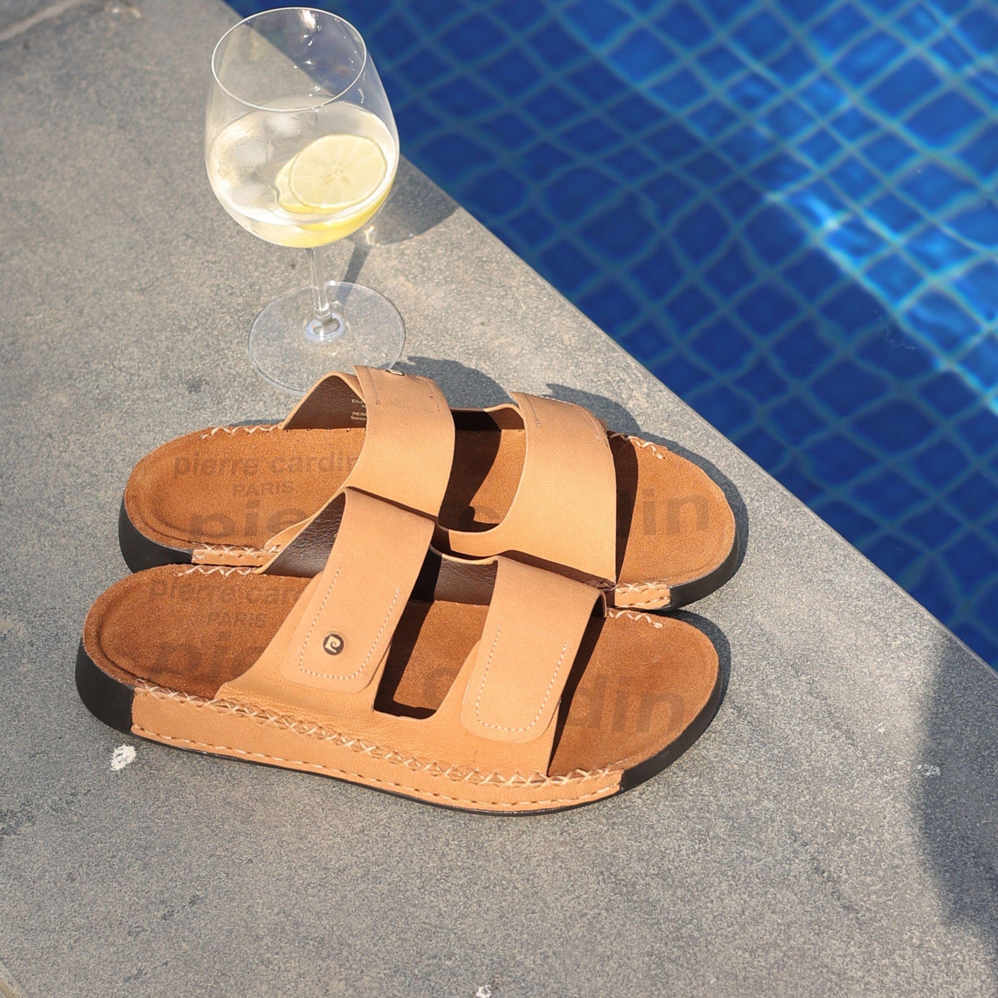 Riviera: Camel Nubuck Strapless Sandal